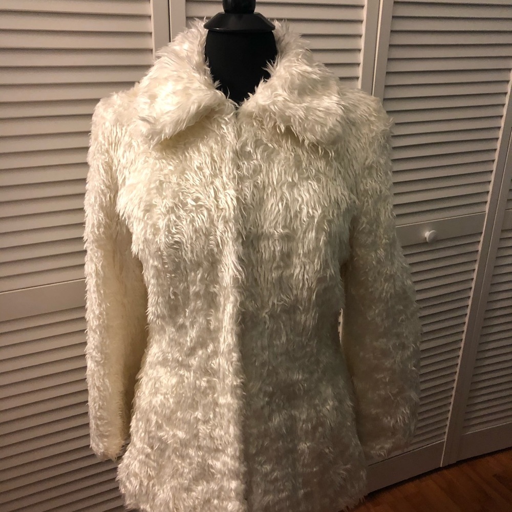 Cream silky shag fake fur coat